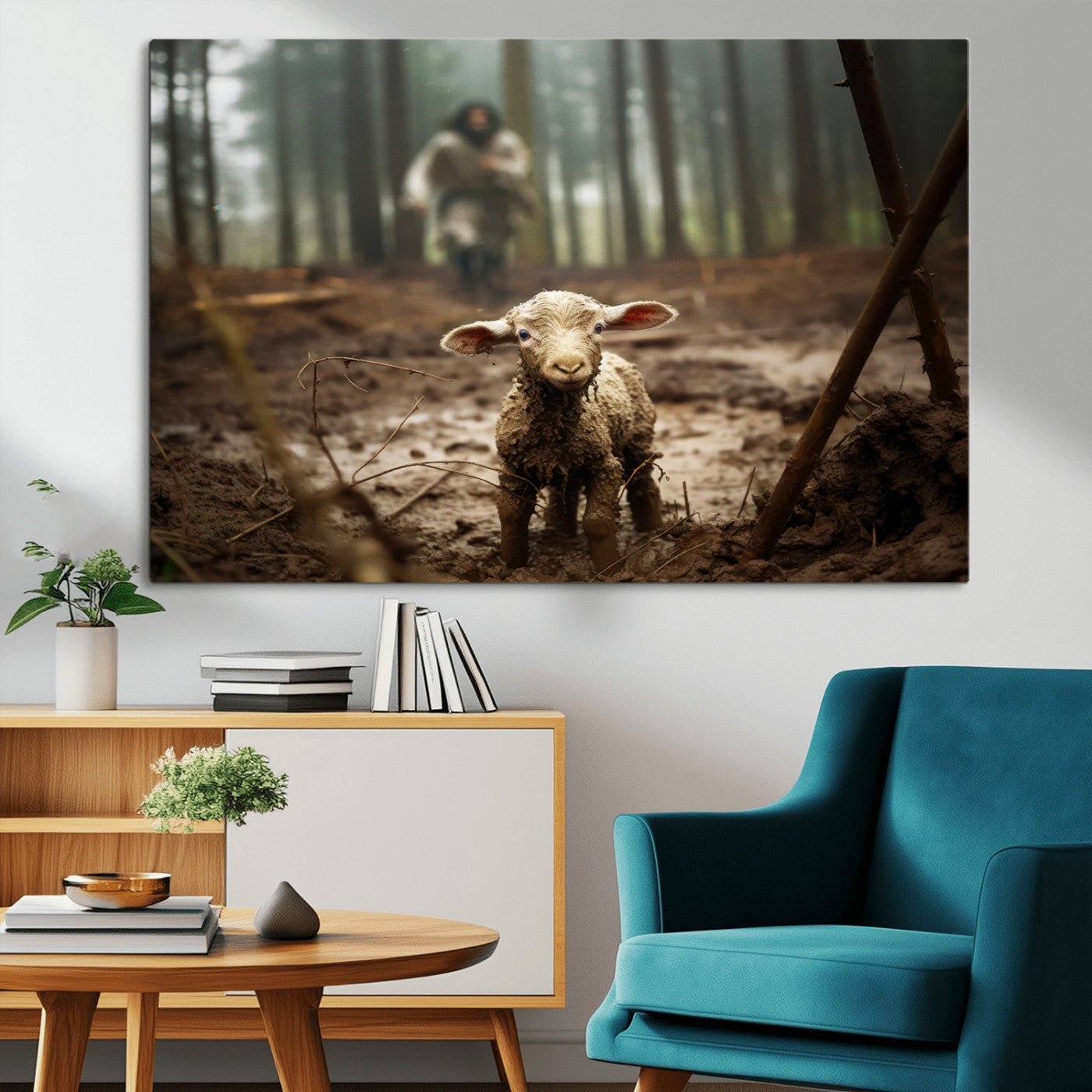 MGV-CV-36X24 - Jesus Running After a Lost Lamb Canvas Wall Art Print