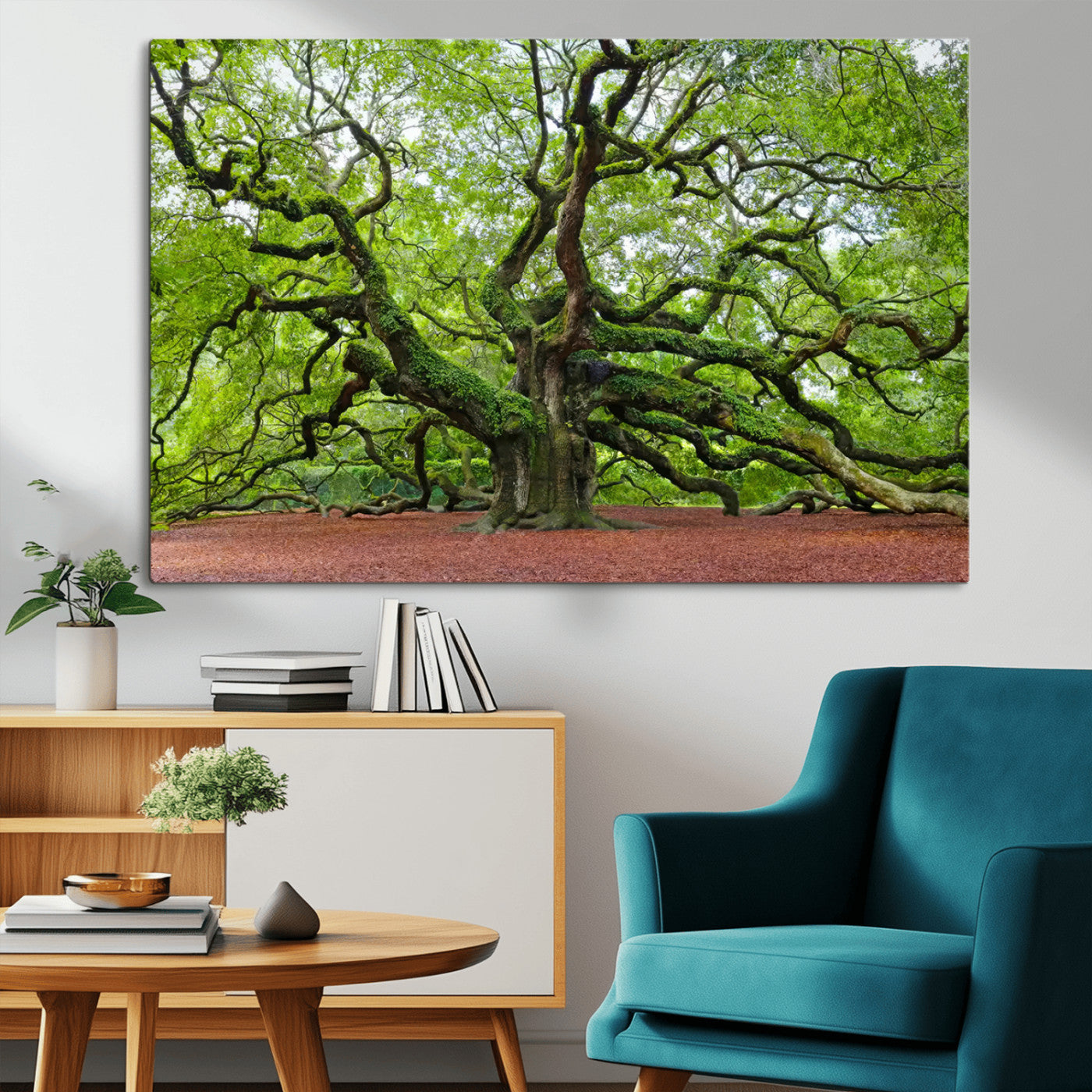 MGV-CV-36X24 - Framed Angel Oak Tree Wall Art - 3-Panel Canvas Prints, Large Green Nature Artwork, Ready to Hang