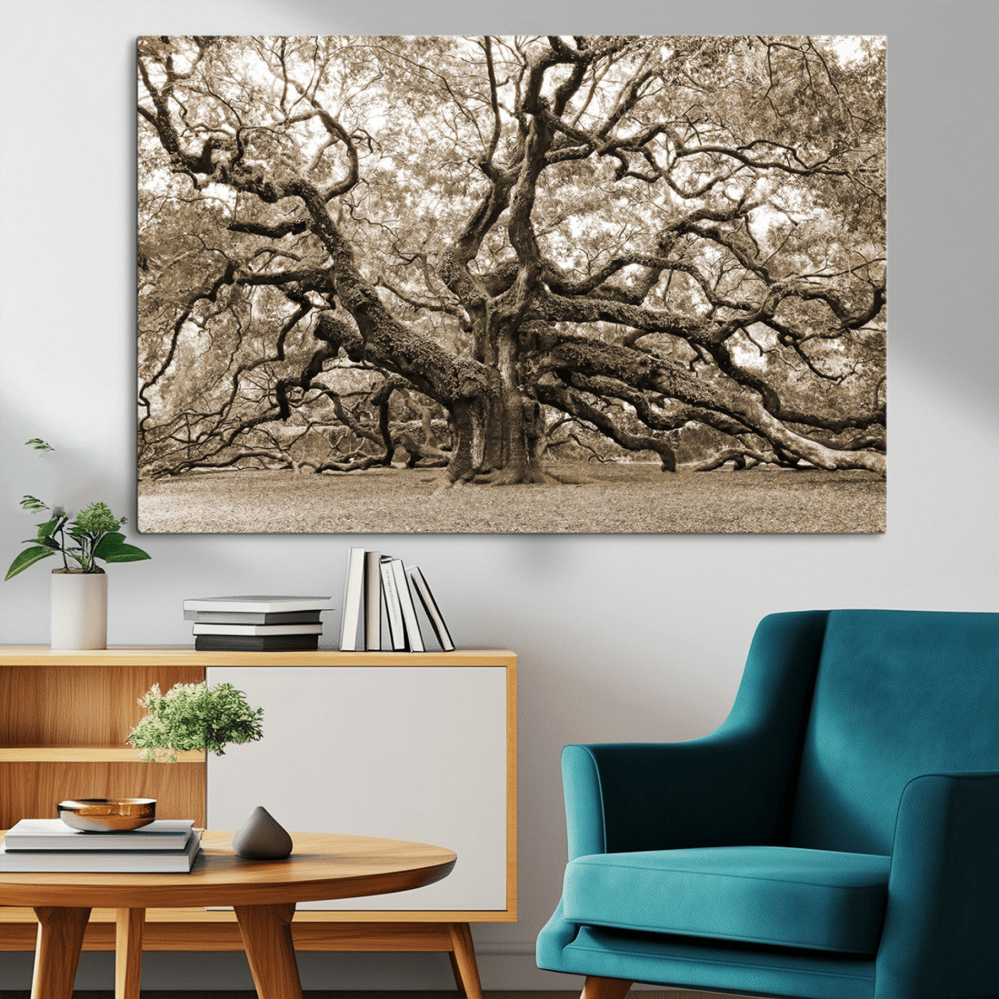 51126-MGV-CV-36X24-Sepia Framed Angel Oak Tree Wall Art - 3-Panel Canvas Prints, Large Green Nature Artwork, Ready to