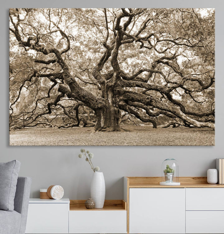 Sepia Framed Angel Oak Tree Wall Art - 3-Panel Canvas Prints, Large Green Nature Artwork, Ready to Hang Home Decor for Living Room, Office, Bedroom