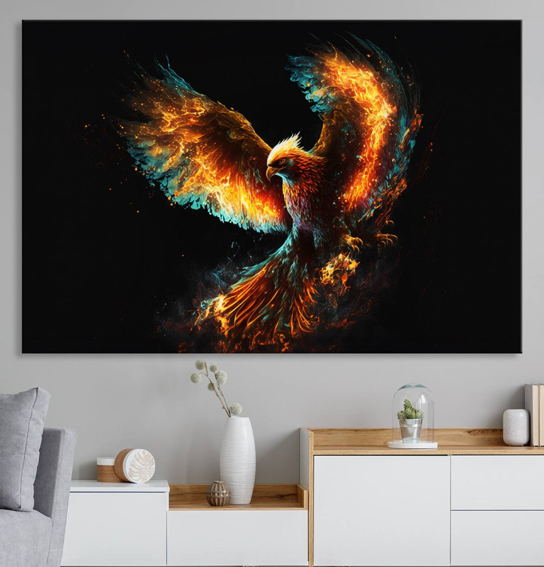 Fiery Phoenix Canvas Print | Ready to Hang Wall Art | Bold Fantasy Decor for Living Room | Majestic Bird Artwork