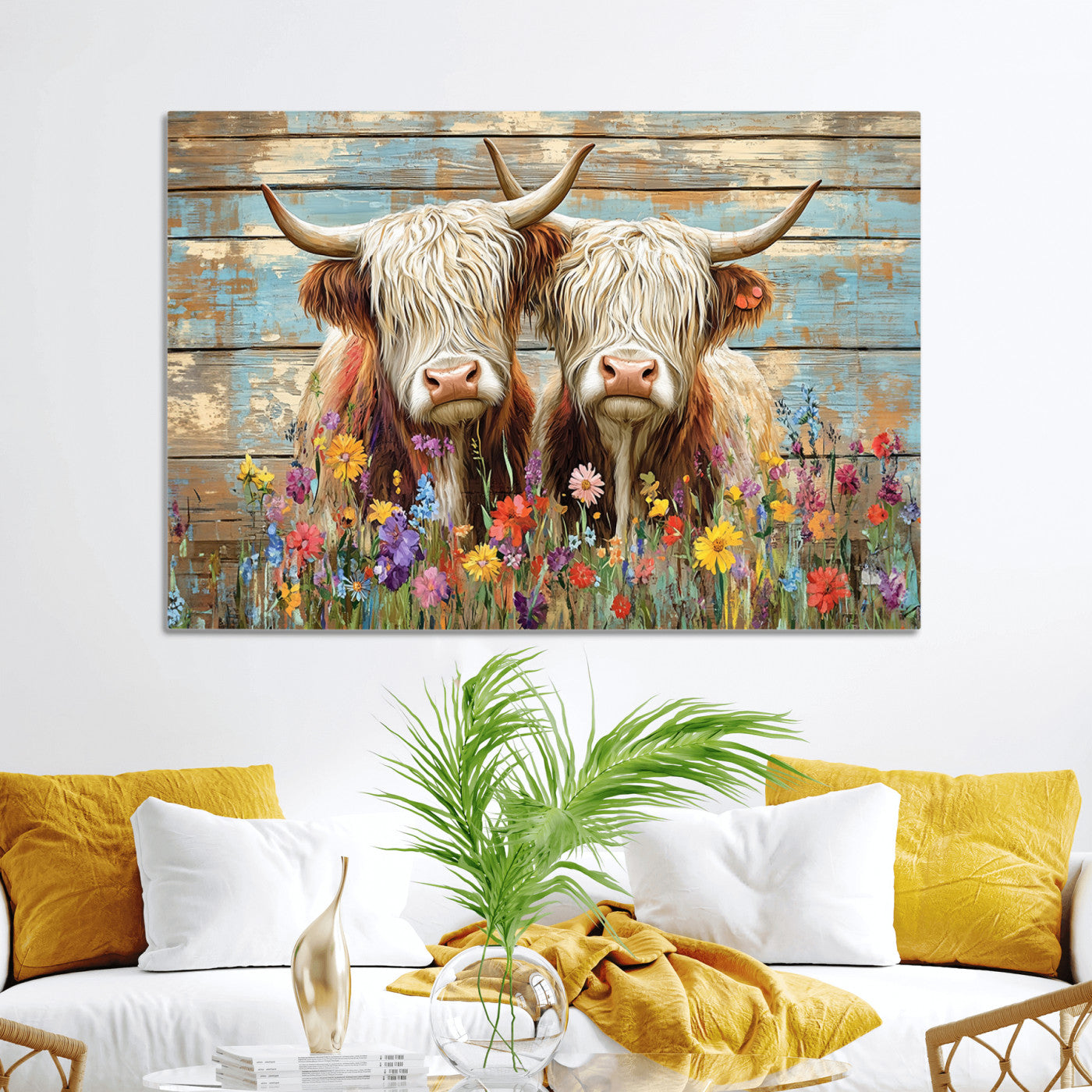 36972-MGV-CV-36X24-Cute Highland Cow Canvas Wall Art - Rustic Farmhouse Decor with Colorful Flowers Perfect Wall Art for Home