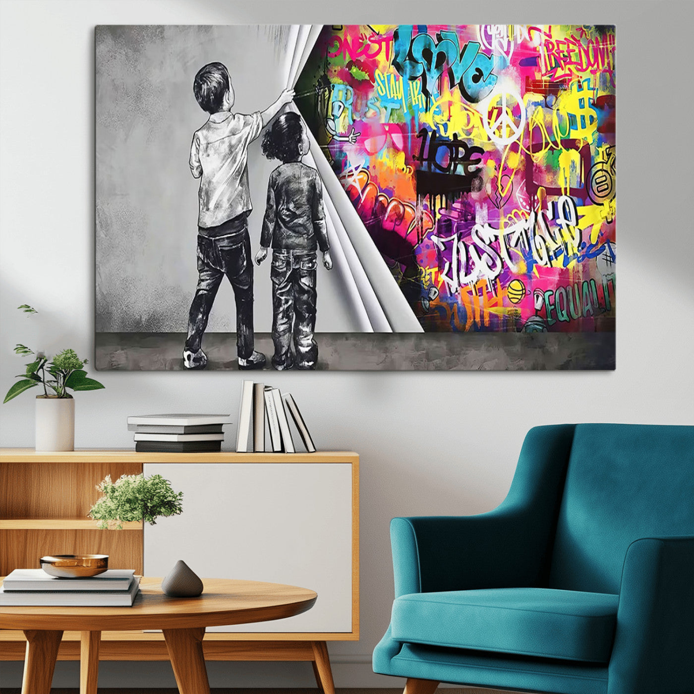 MGV-CV-36X24 - Banksy Print - Street Art Canvas Wall Art - Kids Revealing Graffiti, Urban Modern Decor for Living