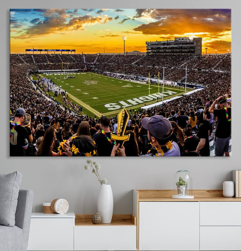 A sunset football game at UCFs Stadium—ideal as a premium wall art canvas print for your home.