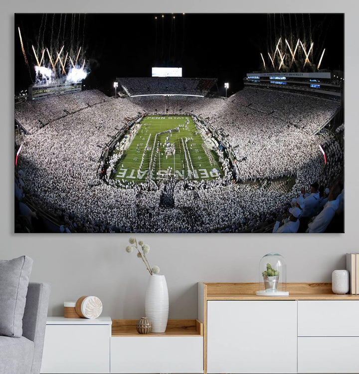 Wide-angle print of a packed stadium with fireworks, ideal gallery-quality wall art - Penn State Nittany Lions Canvas.