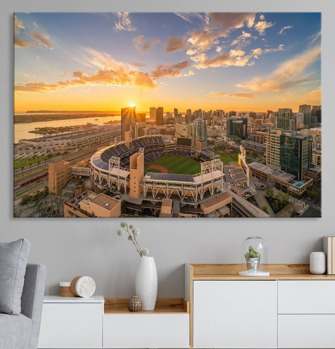 Petco Park Sunset Triple Canvas Wall Art - San Diego Cityscape and MLB Game - Home of the San Diego Padres