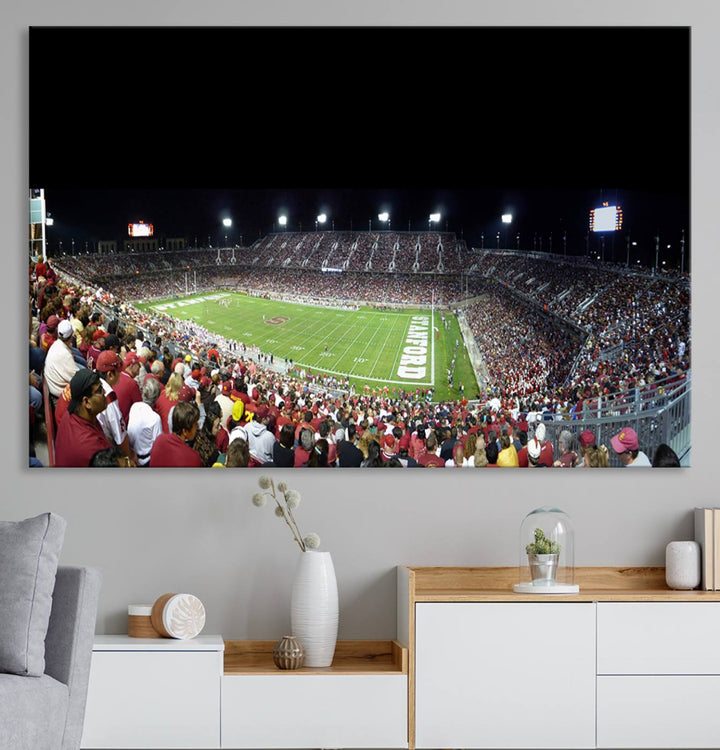 This Stanford University Cardinal Football Team canvas print, depicting fans in red filling Stanford Stadium at night, is perfect.