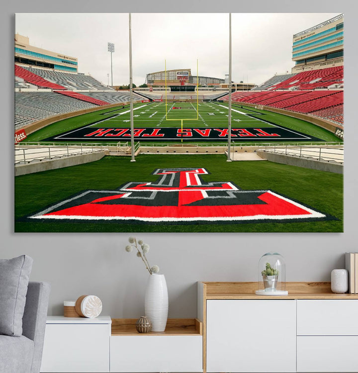 Gallery-quality print of Lubbock Jones AT&T Stadium featuring the Texas Tech Red Raiders field, highlighted by red and gray bleachers.