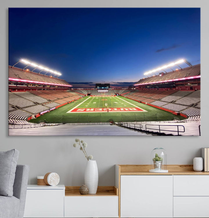 A large SHI Stadium at dusk, ideal for a Rutgers Scarlet Knights Football Team canvas print.