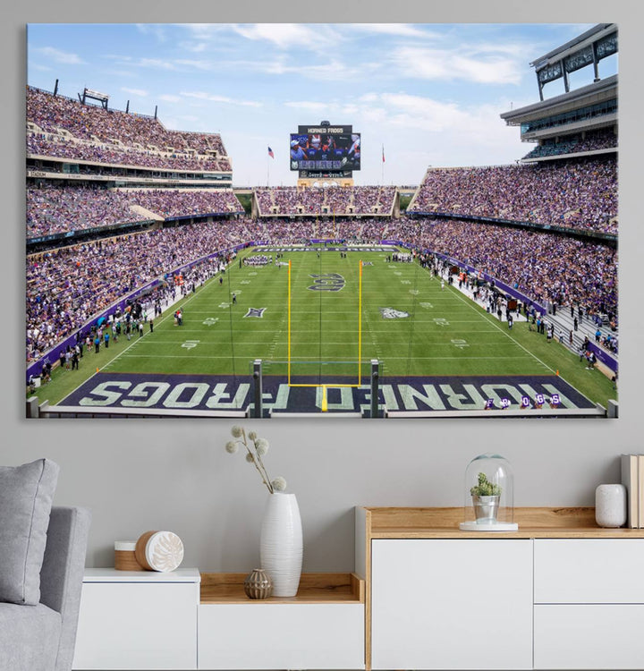 The TCU Horned Frogs print portrays a vibrant Amon G. Carter Stadium, filled with energy and game action.