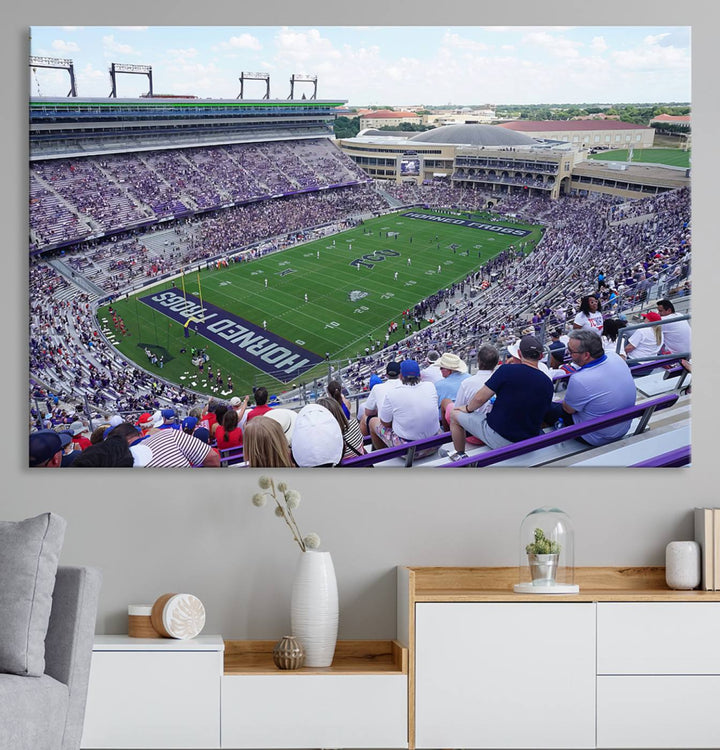 Amon G. Carter Stadium wall art canvas showcasing the TCU Horned Frogs and packed stands at Fort Worth.