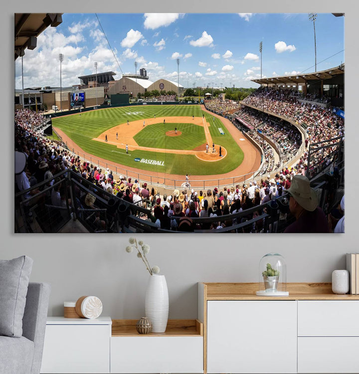 A baseball stadium under a blue sky, capturing the energy of The Texas A&M Aggies Athletics Kyle Field Wall Art.