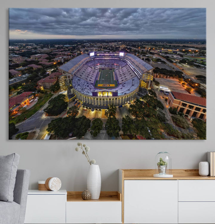 The LSU Tigers Football Team Baton Rouge Tiger Stadium Canvas is displayed prominently, capturing attention with its vivid depiction of the iconic stadium.