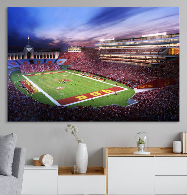 A vibrant painting of fans cheering for The University of Southern California USC Trojans under bright stadium lights.