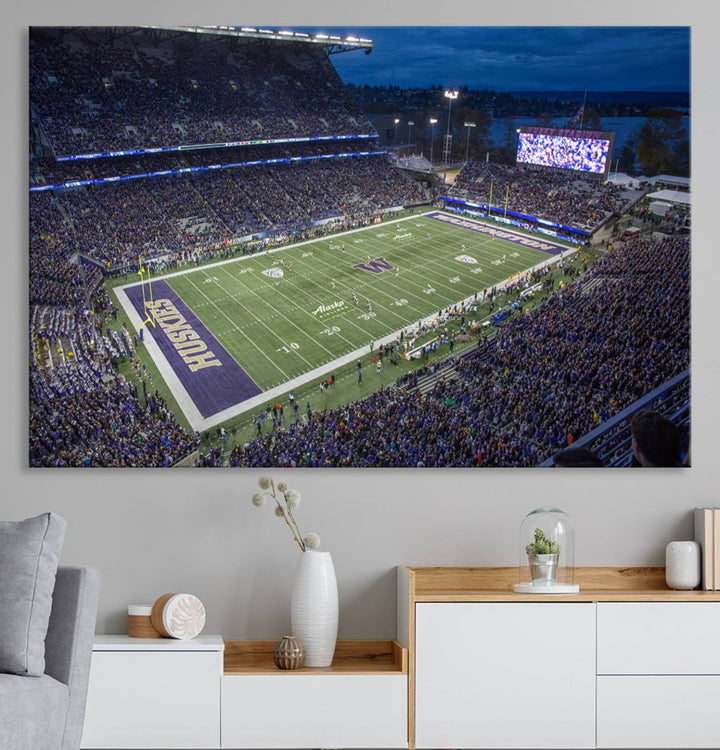 The University of Washington Huskies Football Team Print: Seattle Husky Stadium Wall Art Canvas captures a dusk stadium view.