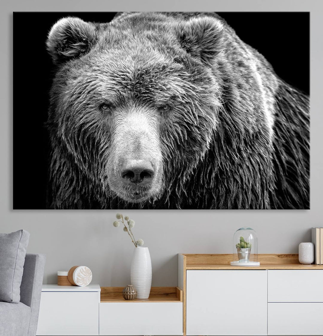 The 399 Grizzly Bear Canvas Print is displayed prominently on a wall in a modern living room.