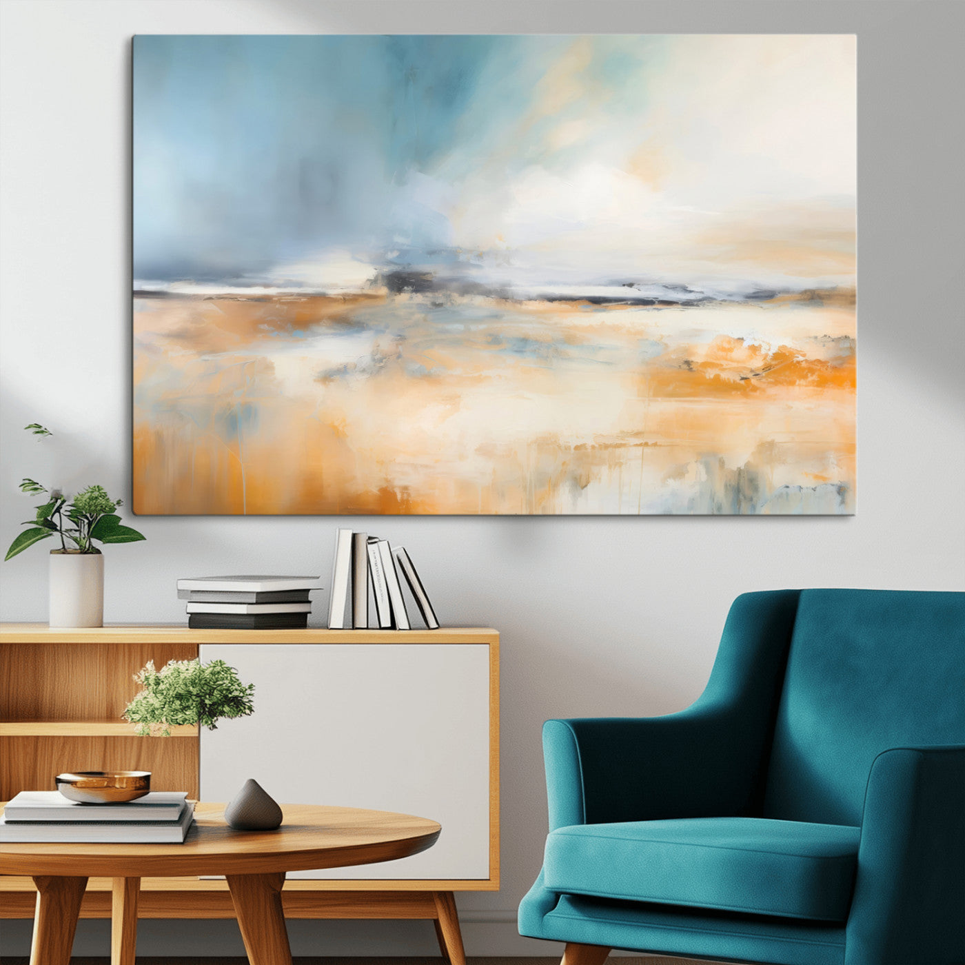 -Abstract Landscape Wall Art Canvas Print - Warm Tones of Orange and Blue, Modern Framed Art for Home