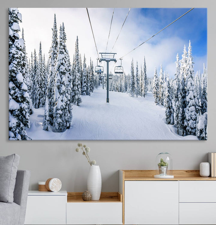 Winter Ski Lift Landscape Wall Art | Snowy Mountain Adventure | Framed and Ready to Hang | Perfect for Cabin Wall Art, Farmhouse Decor