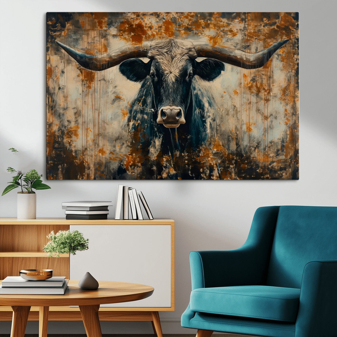 MGV-CV-36X24 - Abstract Longhorn Bull Wall Art | Rustic Western Wall Decor | Framed and Ready to Hang | Ideal for