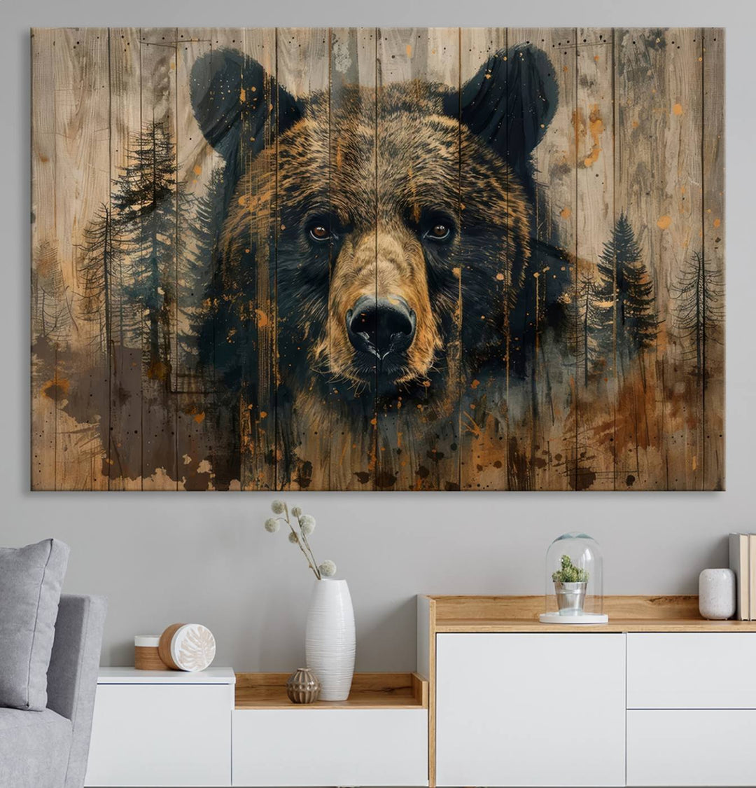 The Abstract 399 Bear Wall Art, featuring a rustic cabin theme with forest design, is framed and ready to hang. It's ideal for lodge, cabin, and barn decor and perfectly complements the nature lover's aesthetic.