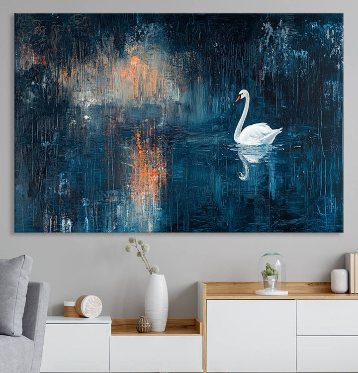 Abstract Swan Wall Art | Moody Blue and Orange Swan Painting on Canvas | Framed and Ready to Hang | Elegant and Modern Art for Living Room or Bedroom Decor