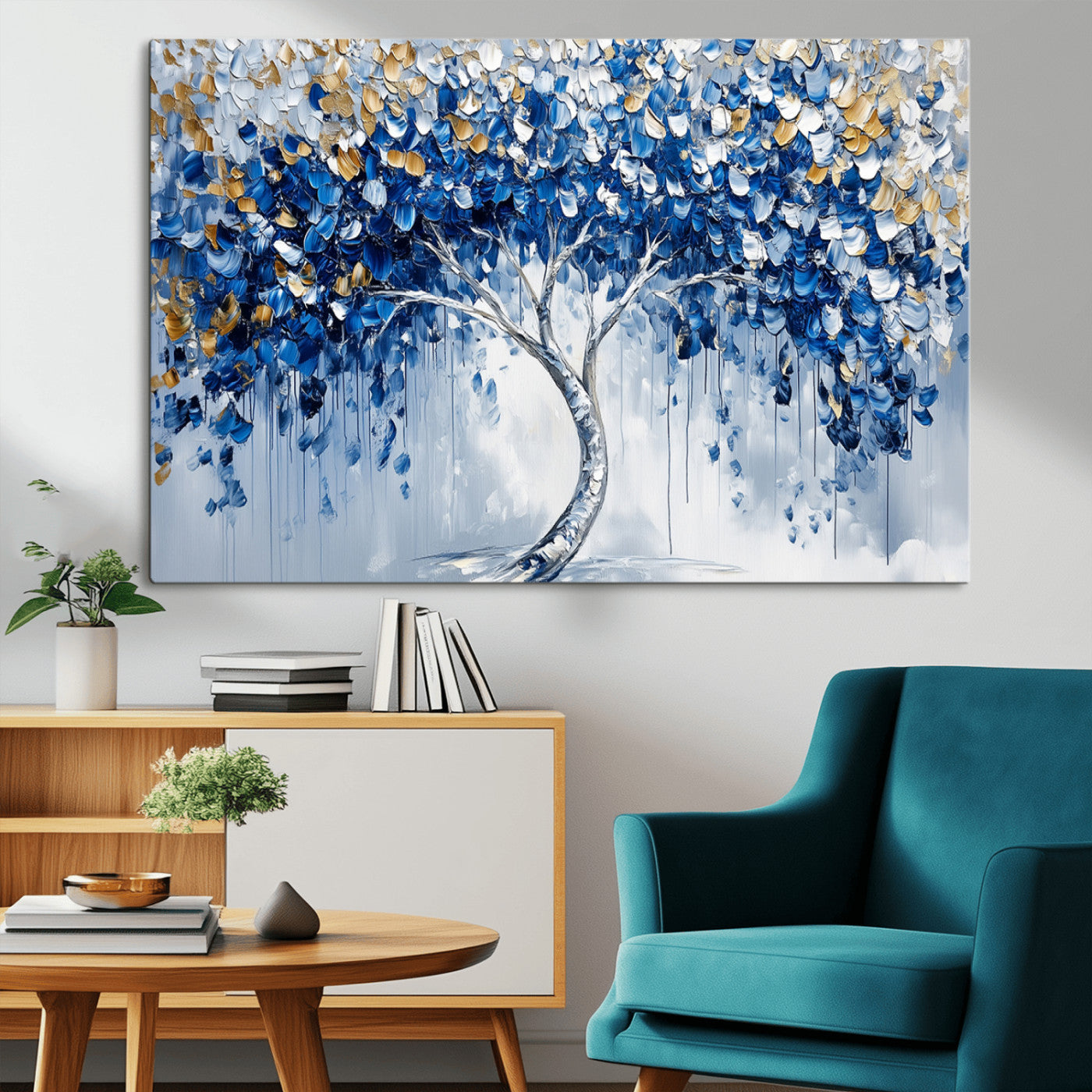 MGV-CV-36X24 - Blue and Gold Abstract Tree Wall Art Canvas Print | Modern Tree of Life Painting | Framed Canvas