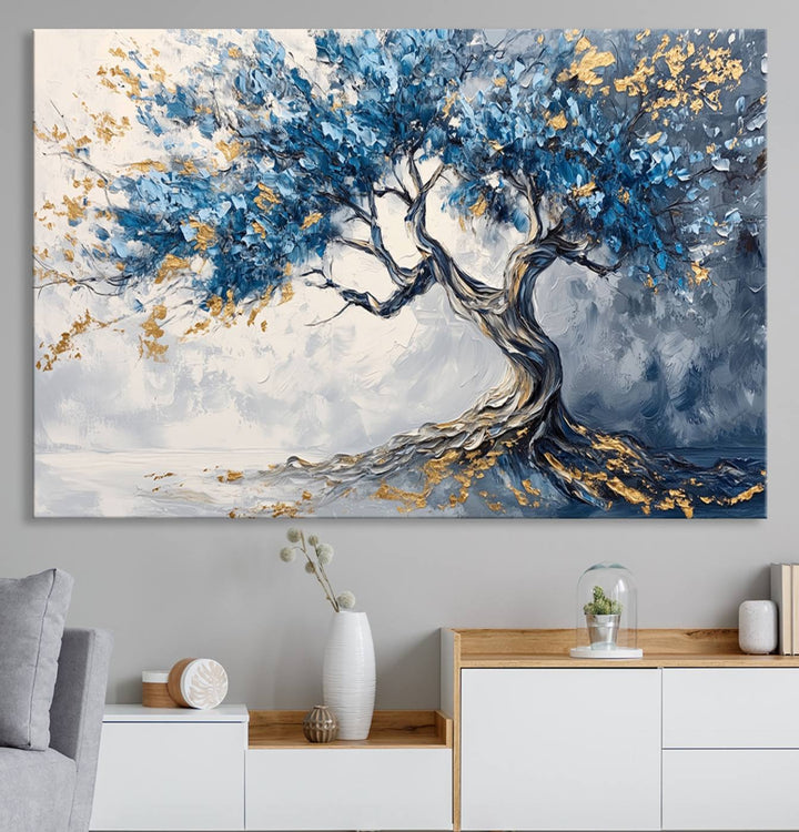 Elegant Abstract Tree Canvas Wall Art | Tree of Life Painting | Textured Art in Blue and Gold | Framed & Ready to Hang for Modern Living Room Decor