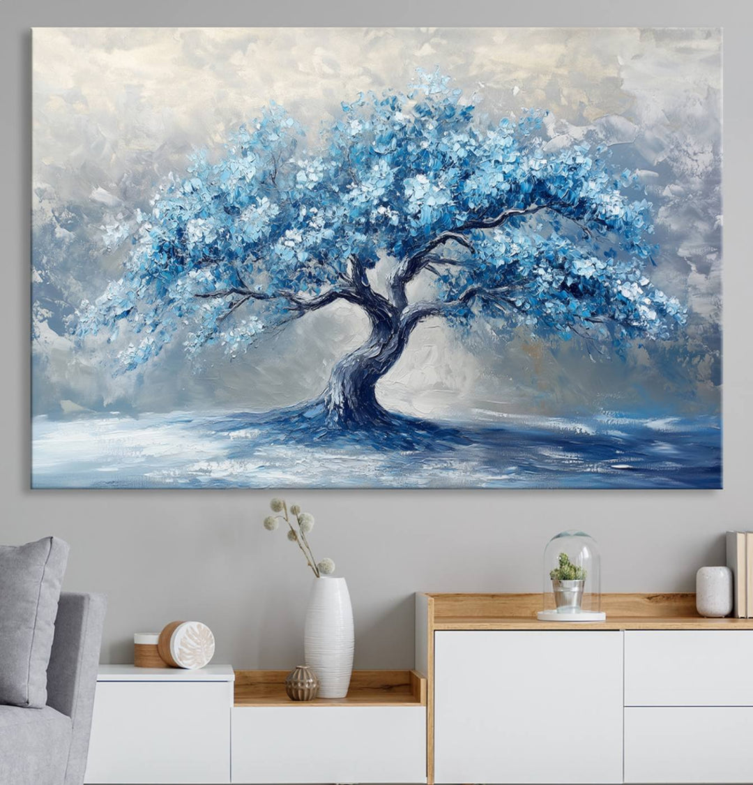 Serene Abstract Blue Tree Wall Art | Canvas Print of a Majestic Tree in Blue Hues | Perfect for Farmhouse, Coastal, and Modern Decor