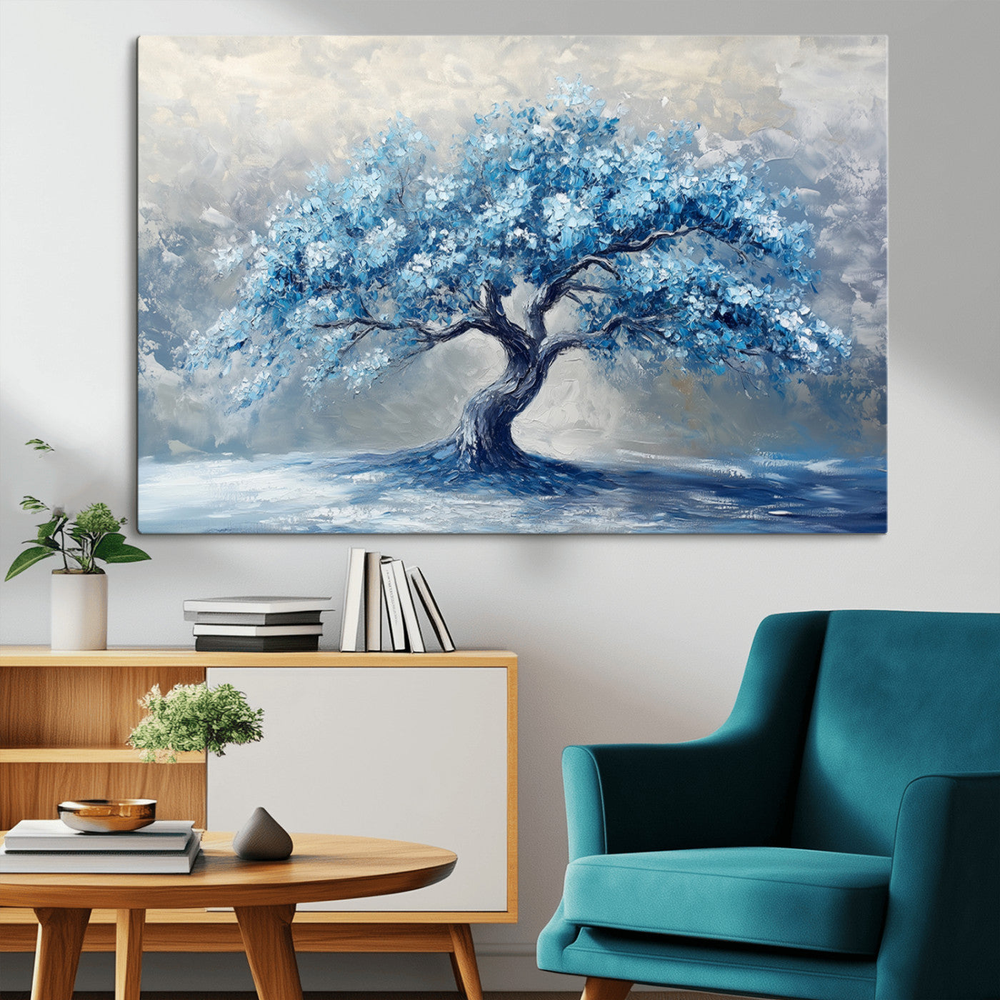 MGV-CV-36X24 - Abstract Blue Tree Art Canvas Print, Majestic Tree Wall Art Print for Farmhouse Decor