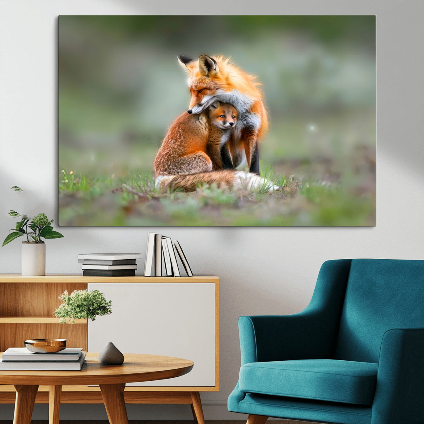 MGV-CV-36X24 - Heartwarming Fox and Baby Cub Wall Art | Ready to Hang Canvas Print of Foxes in Nature | Perfect for
