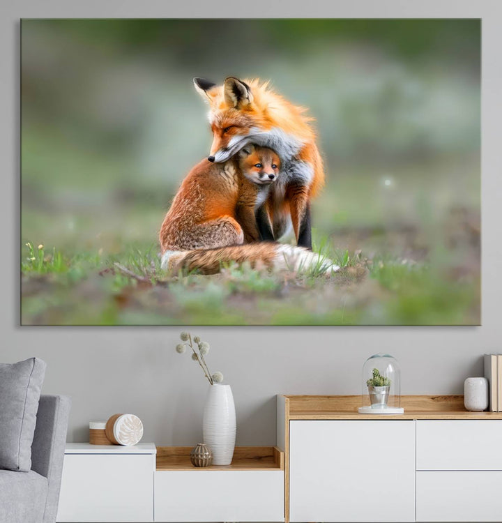 Heartwarming Fox and Baby Cub Wall Art | Ready to Hang Canvas Print of Foxes in Nature | Perfect for Animal Lovers, Rustic Decor, and Cabin Wall Art