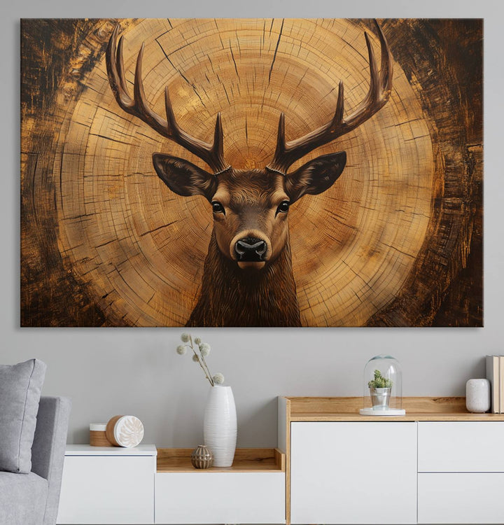 Deer Wall Art Canvas Print | Ready to Hang Canvas Print of a Stag with Rustic Tree Rings | Perfect for Farmhouse Wall Decor, Cabin Wall Art