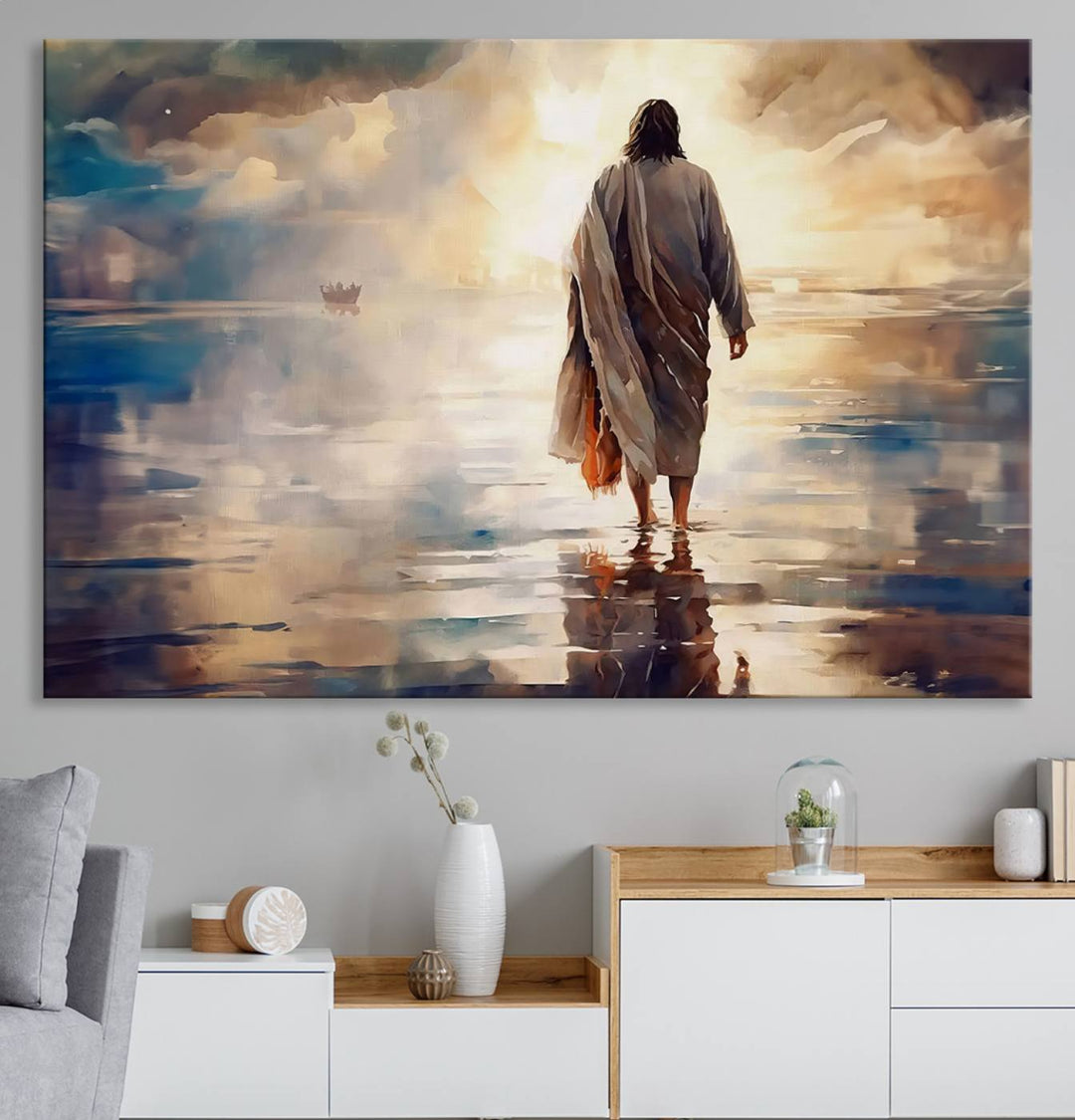 Jesus Walking on Water Wall Art | Ready to Hang Spiritual Triptych Canvas Print | Inspirational Christian Decor for Home or Church