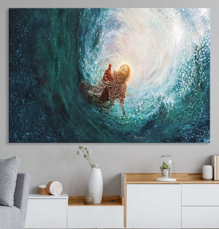 Powerful Jesus Canvas Print - Hand of Salvation, Inspirational Wall Art - Framed, Ready to Hang for Home or Religious Spaces