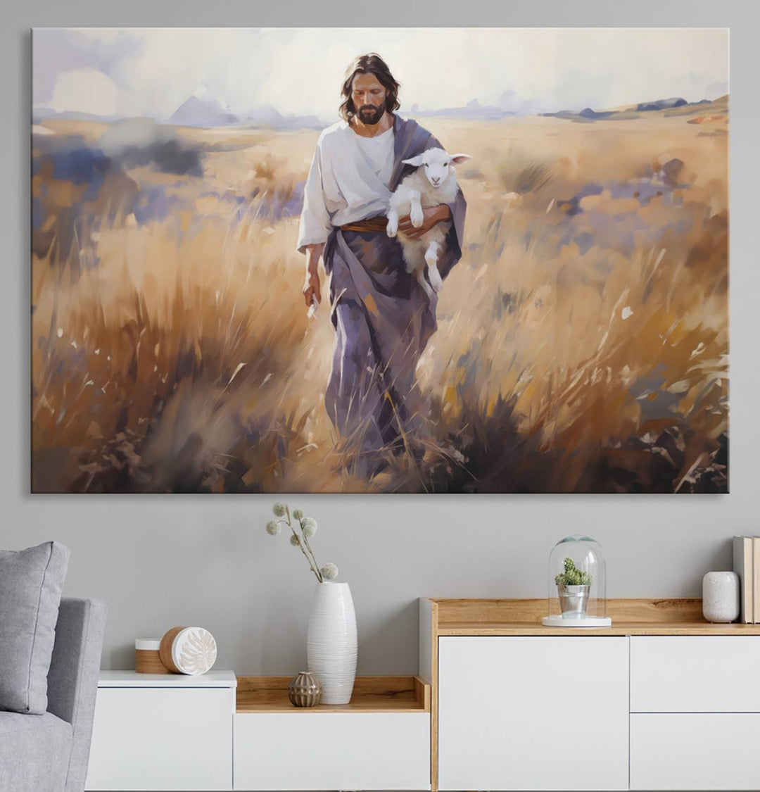 Jesus the Good Shepherd Wall Art Canvas Print - Lost Lamb  Print for Prayer Room Decor