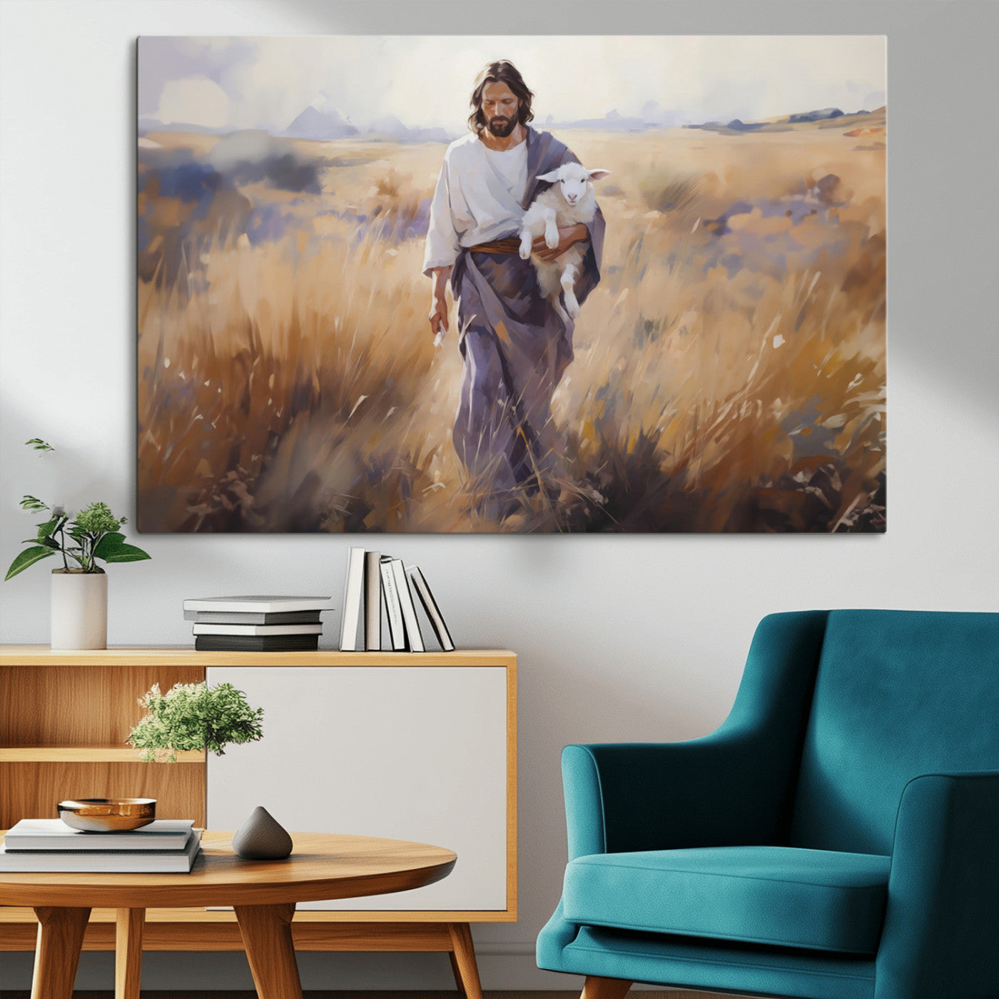 MGV-CV-36X24 - Jesus the Good Shepherd Wall Art Canvas Print - Lost Lamb Print for Prayer Room Decor