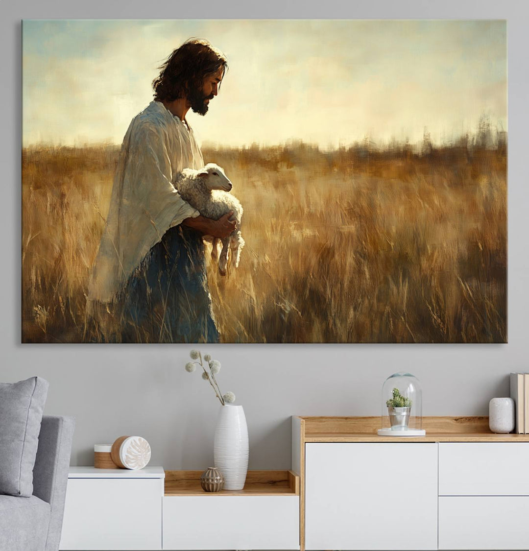 Jesus the Good Shepherd Wall Art Canvas Print - Inspirational Christian Religious Print for Prayer Room Decor