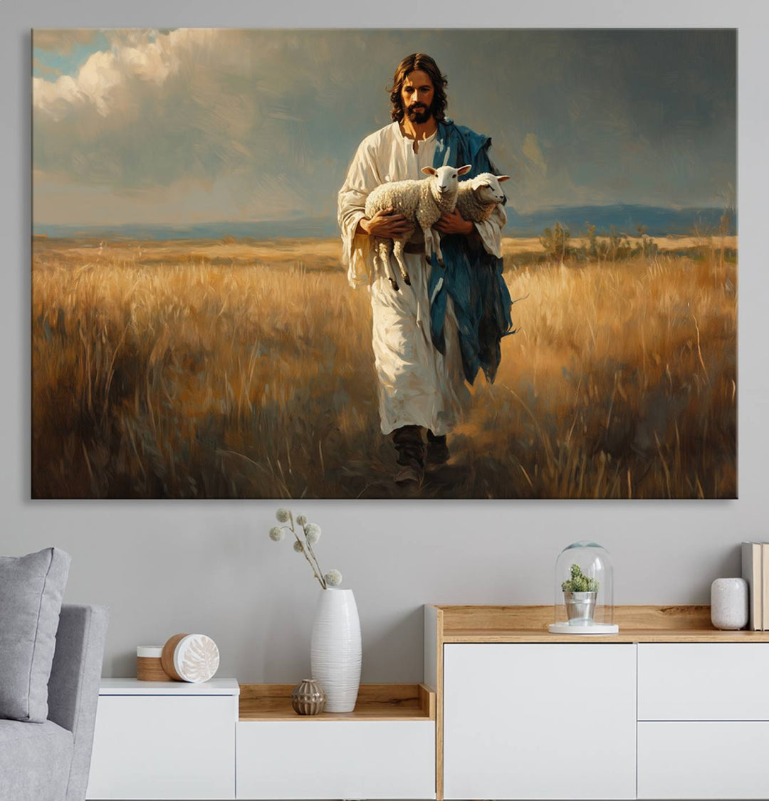 Jesus Shepherd Wall Art | Ready to Hang Triptych Canvas of Jesus Holding a Lamb in a Field | Inspirational Christian Decor for Home