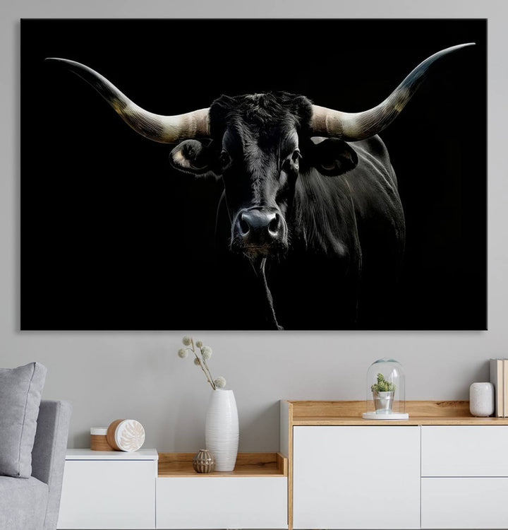 Texas Black Longhorn Bull Wall Art Canvas Print - Western Texas Cattle Rustic Decor Print - Longhorn Cow Wall Art