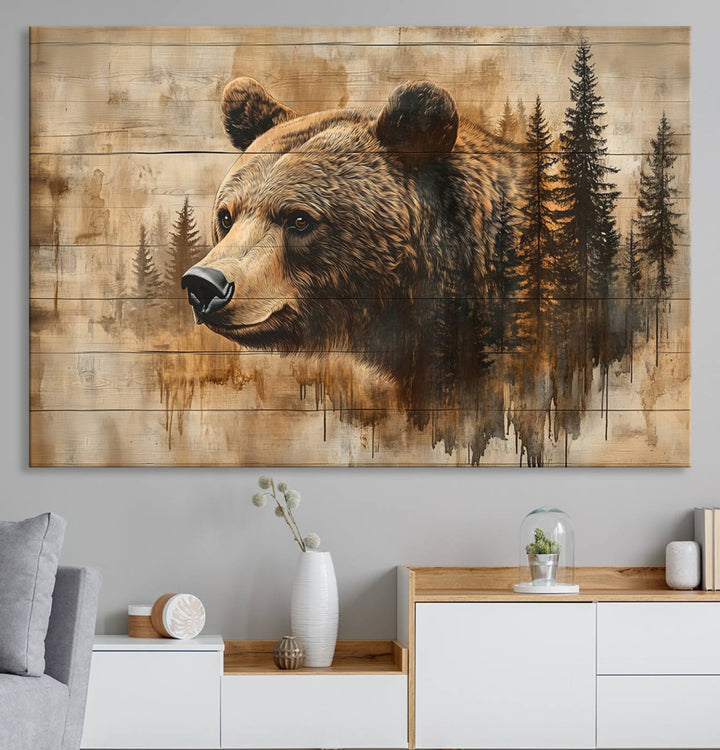 Abstract Rustic Grizzly Bear Wall Art Canvas Print - Woodland Wildlife Forest Print for Farmhouse Decor