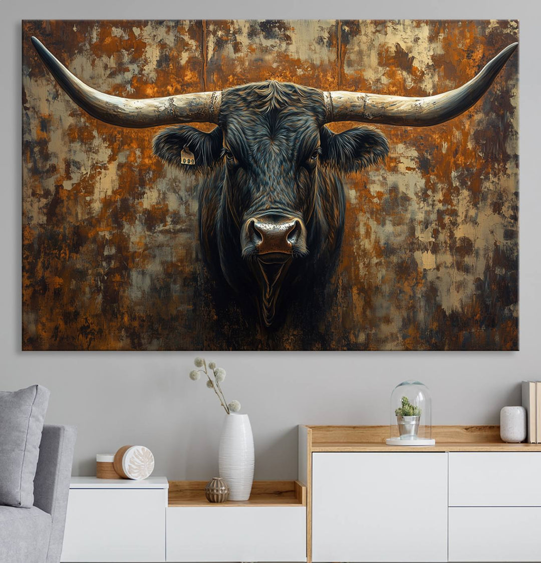 Abstract Longhorn Texas Bull Wall Art | Rustic Farmhouse Canvas Print | Ready to Hang Barn Decor for Farmhouse and Cabin Style