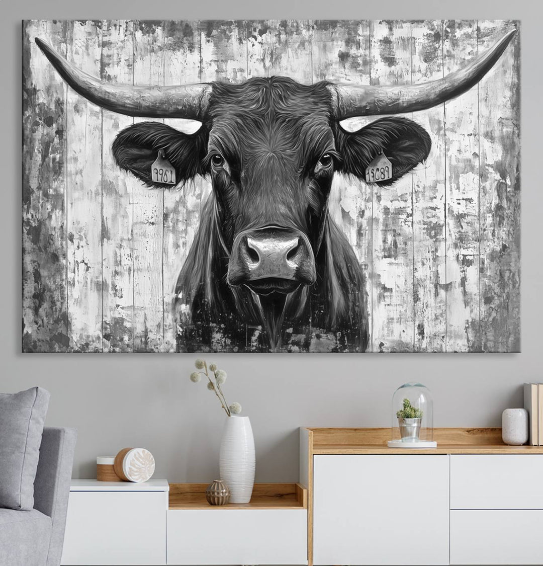 Abstract Longhorn Bull Wall Art Canvas Print - Rustic Texas Western Cow Artwork