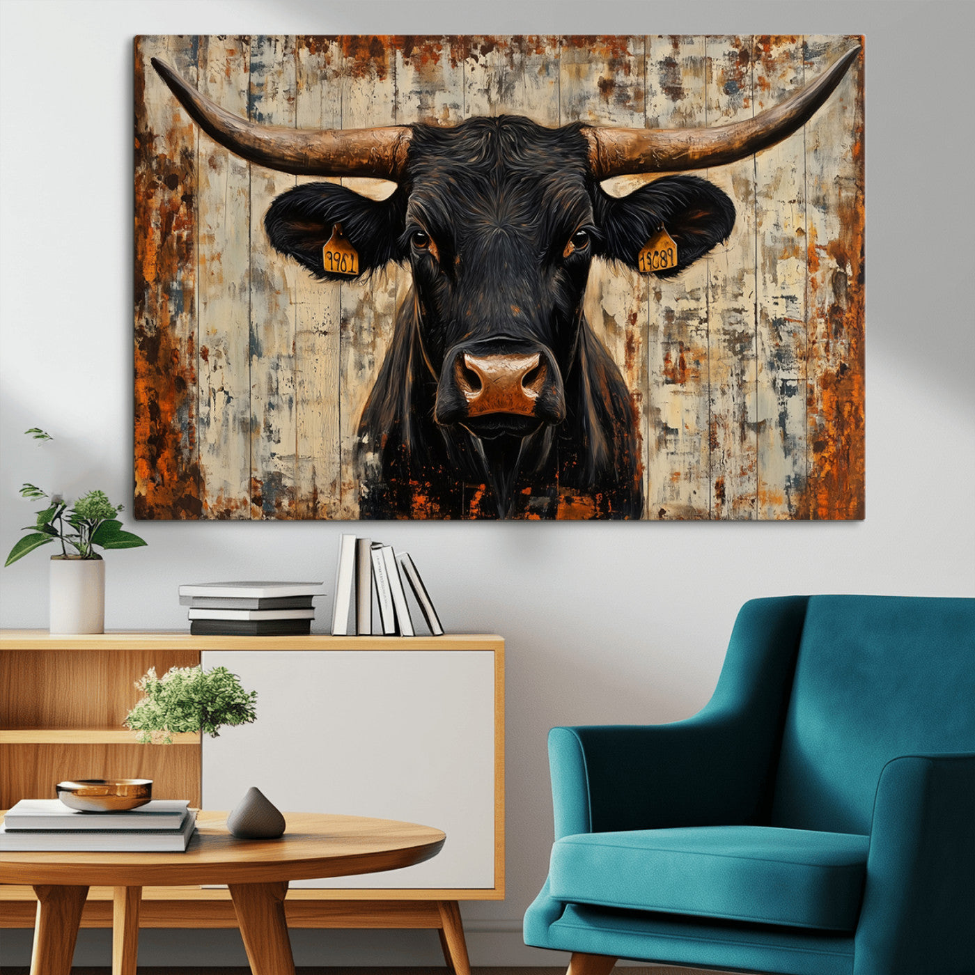 MGV-CV-36X24 - Rustic Texas Artwork Wall Art Canvas Print - Abstract Cow Longhorn Bull Wall Art Canvas Print
