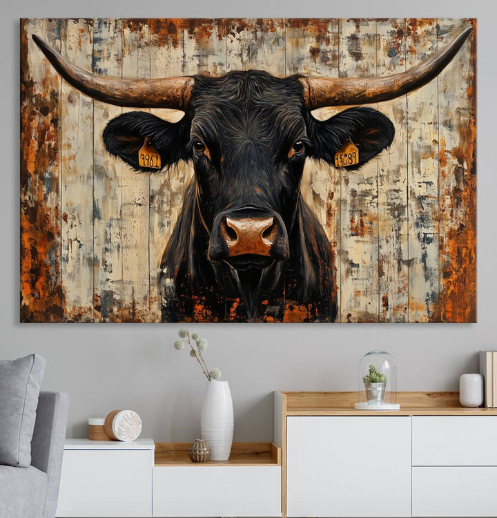 Abstract Cow Longhorn Bull Wall Art Canvas Print - Rustic Texas Western Cattle Artwork