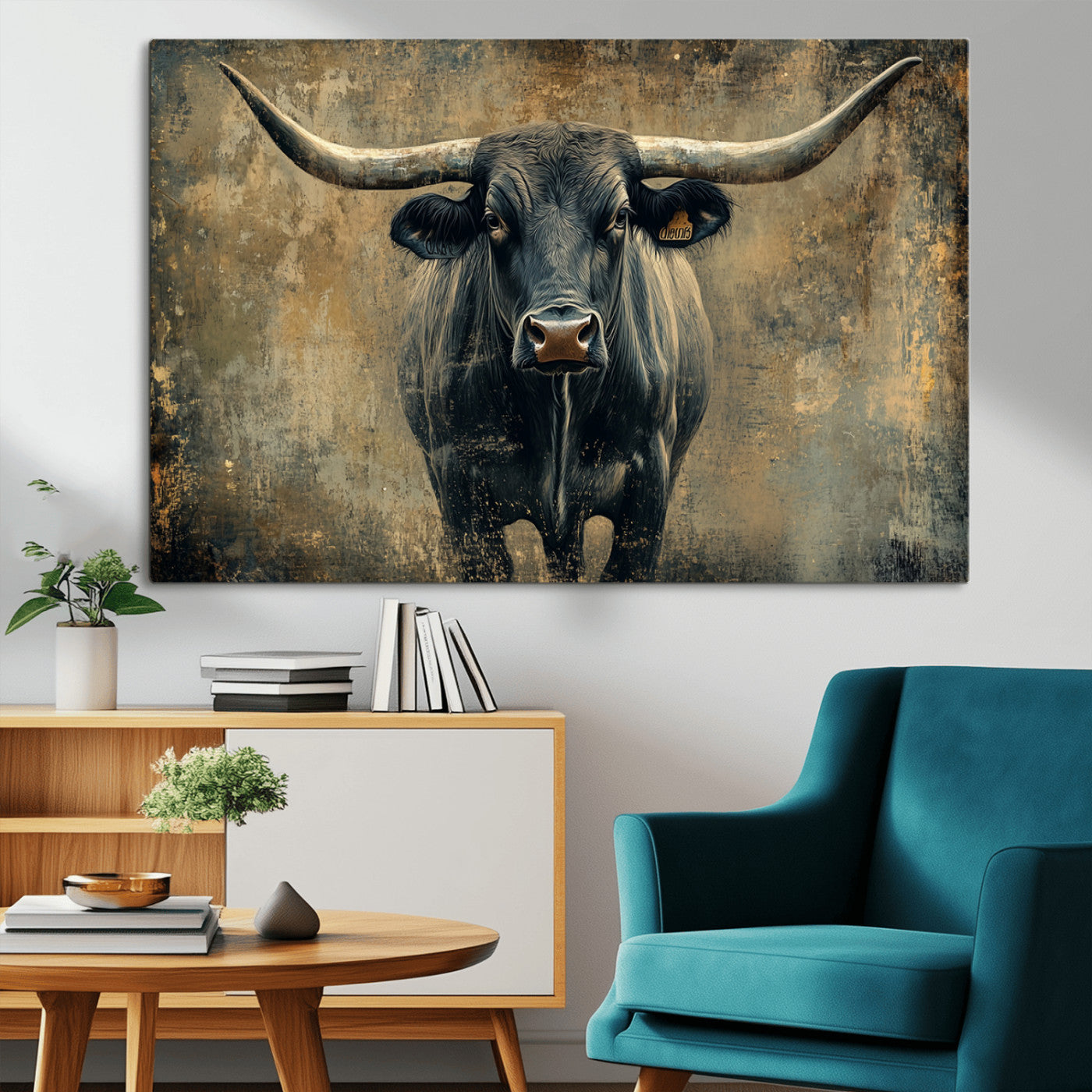 MGV-CV-36X24 - Longhorn Bull Wall Art Canvas Print, Framed Rustic Cow Art Picture Print, Texas Longhorn Perfect Western Decor Artwork
