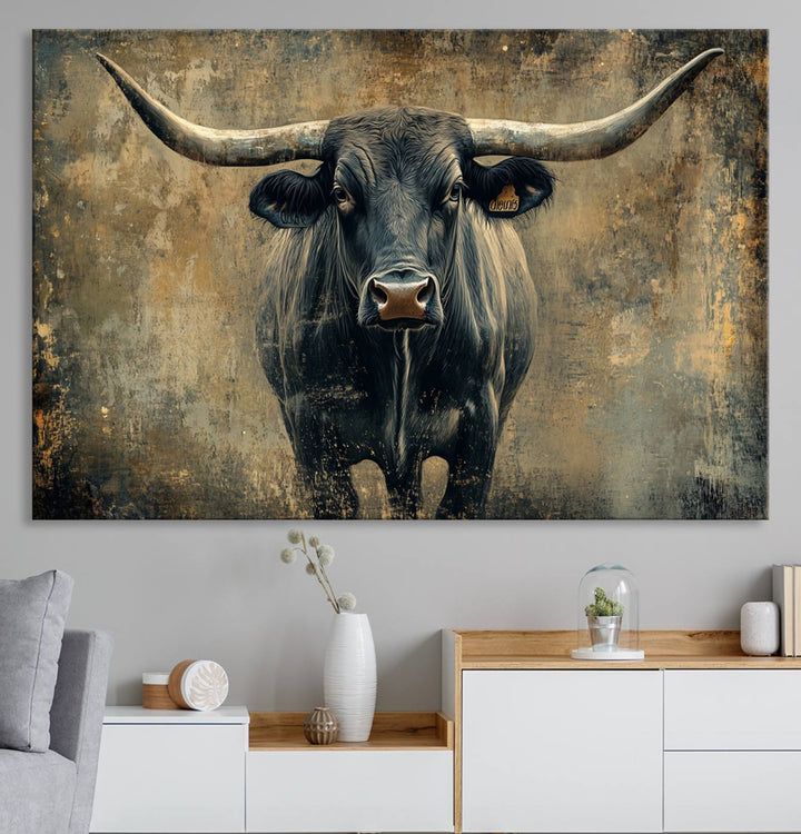 Abstract Cow Longhorn Bull Wall Art Canvas Print - Rustic Texas Western Cattle Artwork