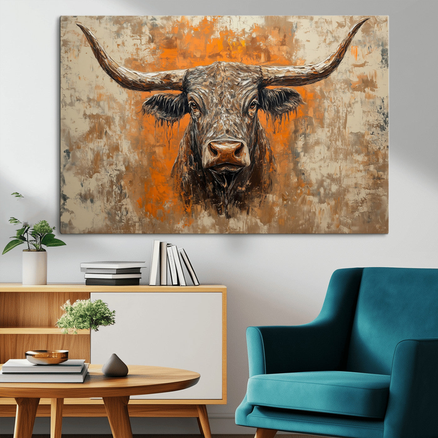 MGV-CV-36X24 - Abstract Cow Longhorn Bull Wall Art Canvas Print - Rustic Texas Western Cattle Artwork