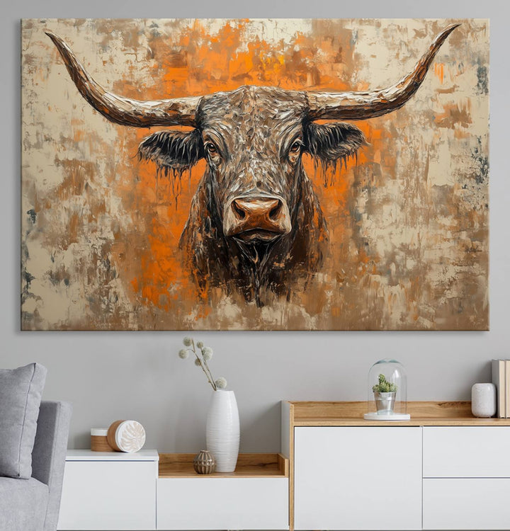 Abstract Cow Longhorn Bull Wall Art Canvas Print - Rustic Texas Western Cattle Artwork