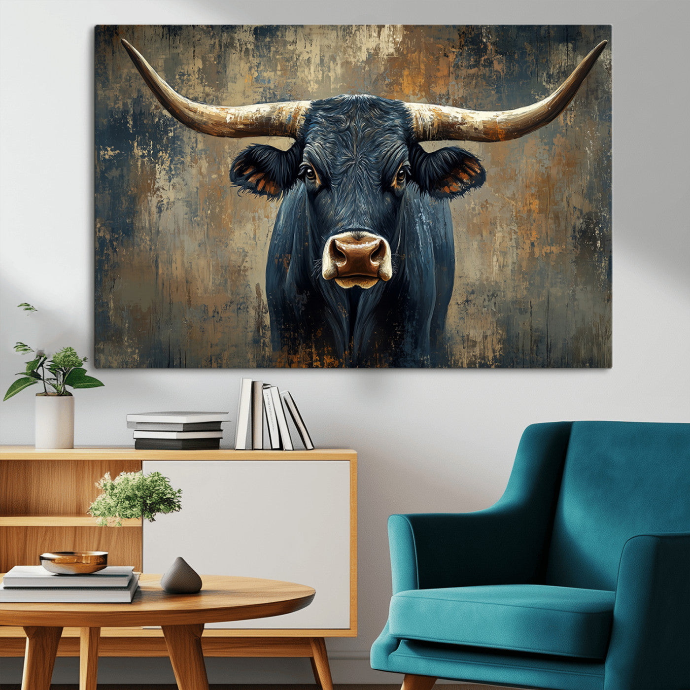 MGV-CV-36X24 - Texas Western Wall Art Canvas Print - Abstract Cow Longhorn Bull Wall Art Canvas Print - Rustic Cow