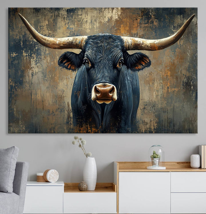 Abstract Cow Longhorn Bull Wall Art Canvas Print - Rustic Texas Western Cattle Artwork